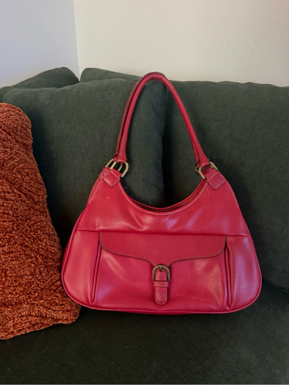 Nine & Co. Red Leather Shoulder Bag with Front Buckle